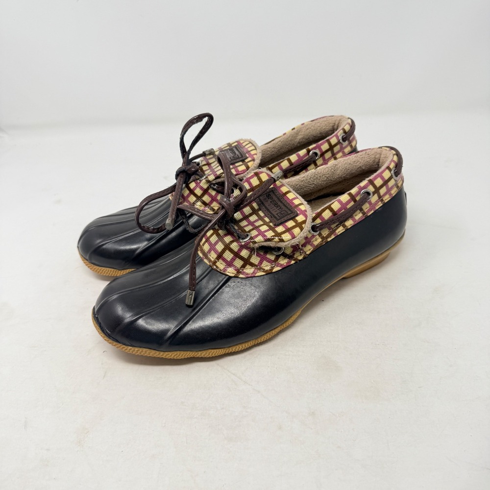 Sperry Duck Shoes Plaid Low Top Rain Boots‎ Fleece Lined Size 9 Fisherman